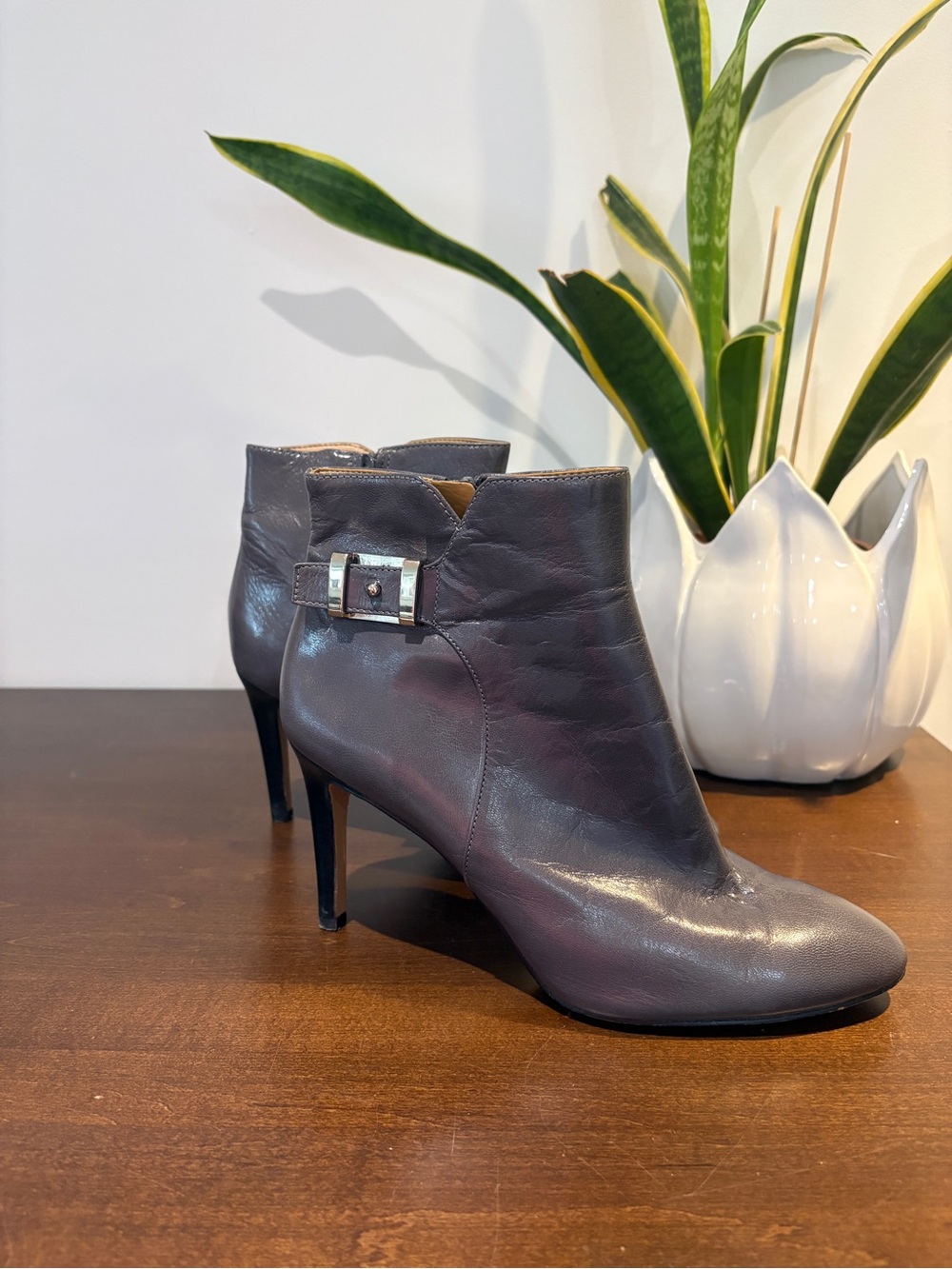 Leather Ankle Booties in Dark Gray - Women